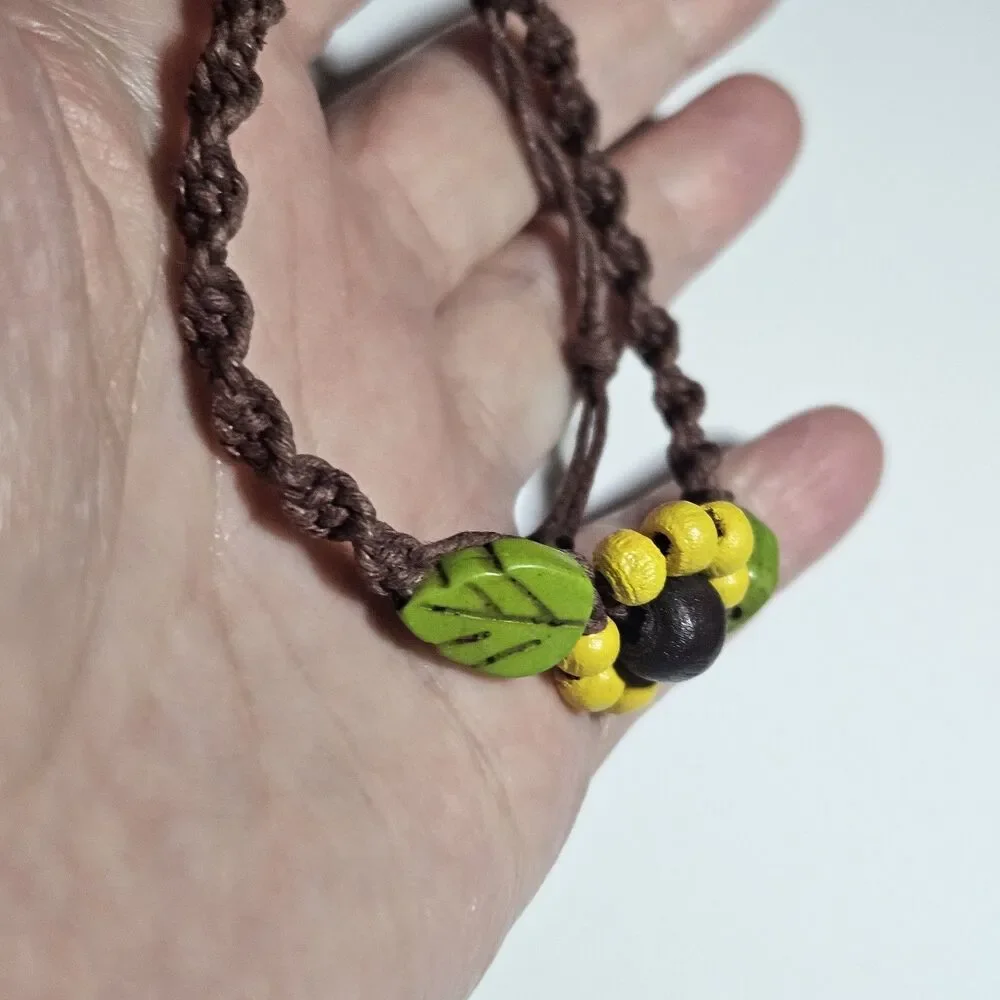 Yellow Daisy Wooden Flower Beaded Bracelet Brown Cord Adjustable